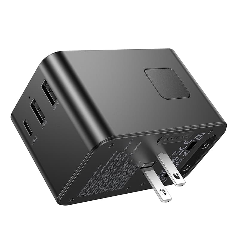 фото Универсальное зарядное устройство адаптер Hoco AC18 Supporter PD35W EU/US/AUS/UK 3 порта / Type-C USB-C+2USB 8A с выдвижным кабелем Type-C USB черный