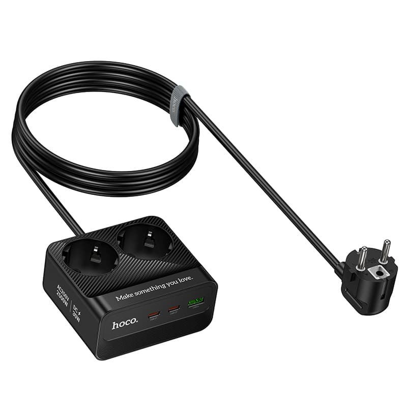 Сетевой фильтр HOCO AC27 2 гнезда + 2 Type-C USB-C PD30W + USB QC3.0 2м 2500W черный