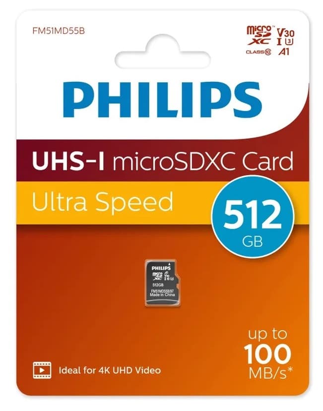 Изображение Карта памяти Philips Micro SDXC Class 10 100MB/s UHS-I U3 V30 A1 512Gb без адаптера FM51MD55B