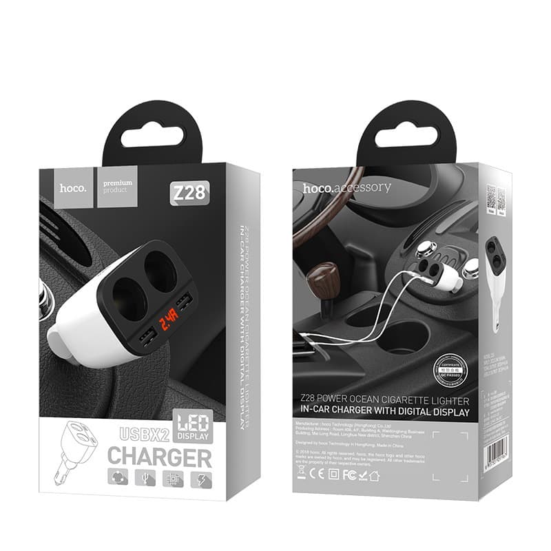 Изображение Разветвитель HOCO Z28 LED 2 прикуривателя + 2USB 3,1A белый с дисплеем сайта akstel.ru фото Разветвитель HOCO Z28 LED 2 прикуривателя + 2USB 3,1A белый с дисплеем