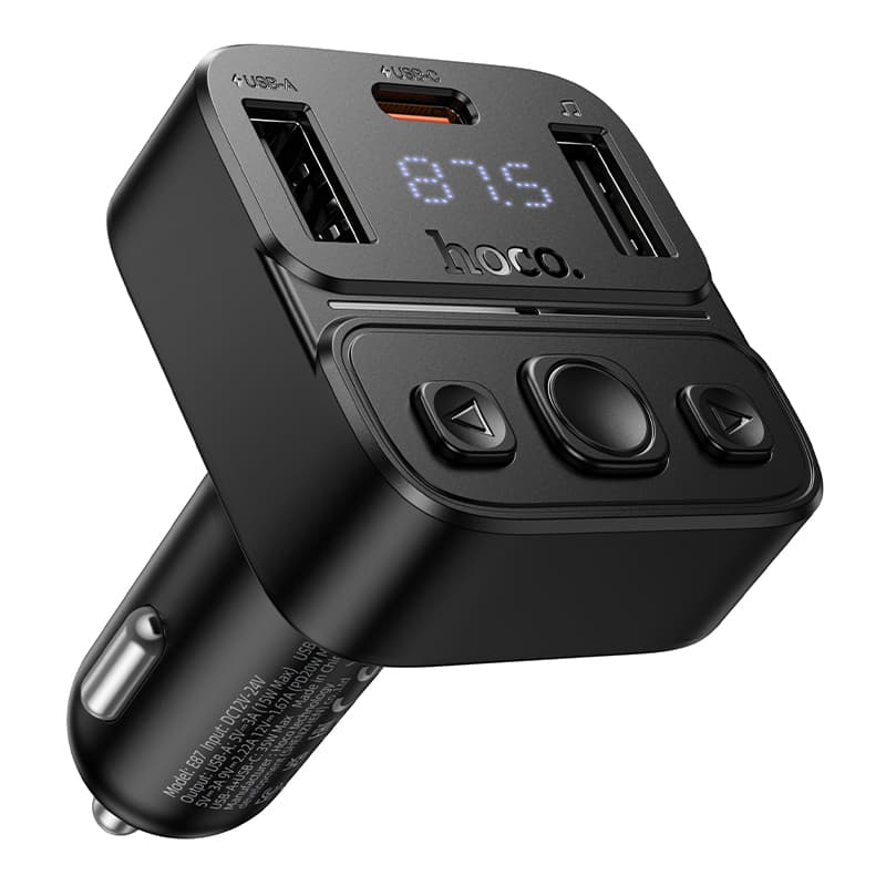 фото FM трансмиттер bluetooth модулятор HOCO E87 USB + USB 15W + PD 20W черный