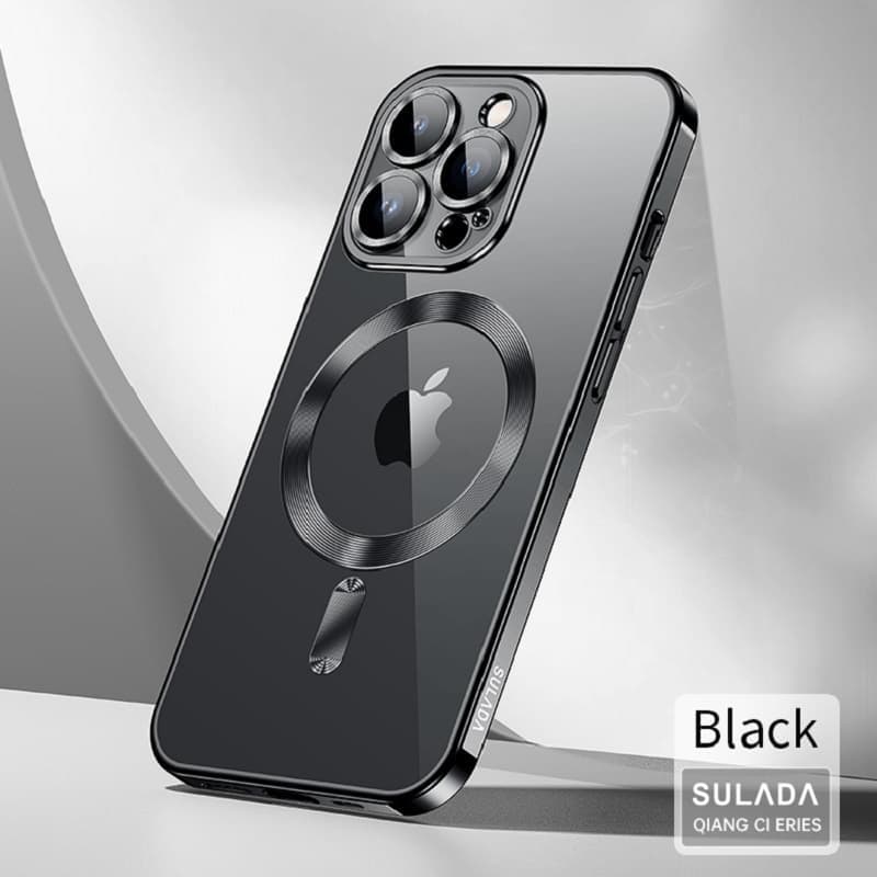 фото Чехол накладка для iphone 16 Pro Max (6.9) SULADA Qiang Ci силикон прозрачная, золотой бампер с магнитом для magsafe, защита линз