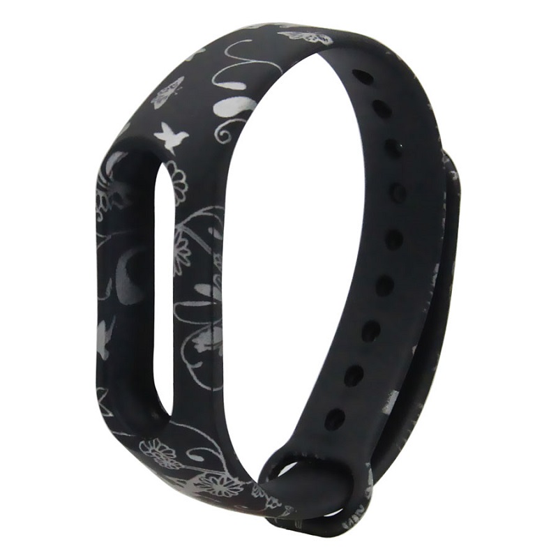 Ремешок для Mi Band 5/Mi Band 6/Mi Band 7 черный с серебристыми цветами
