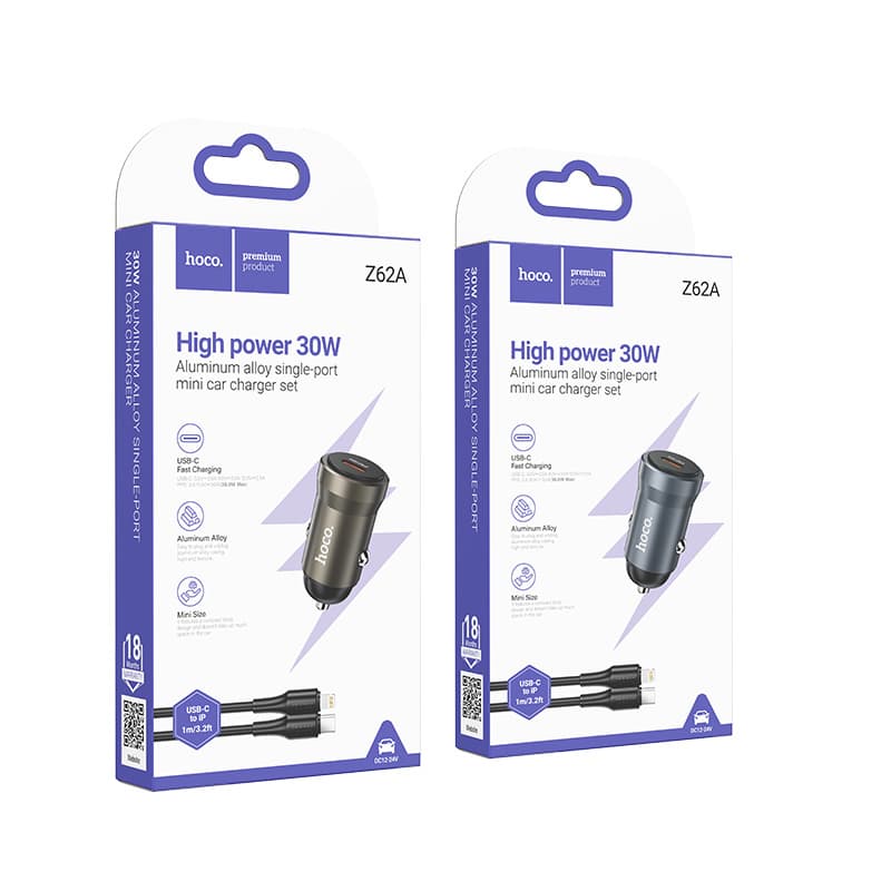 фото Автомобильное зарядное устройство + кабель Type-C to iphone lightning 8 pin HOCO Z62A 30W 3A черный