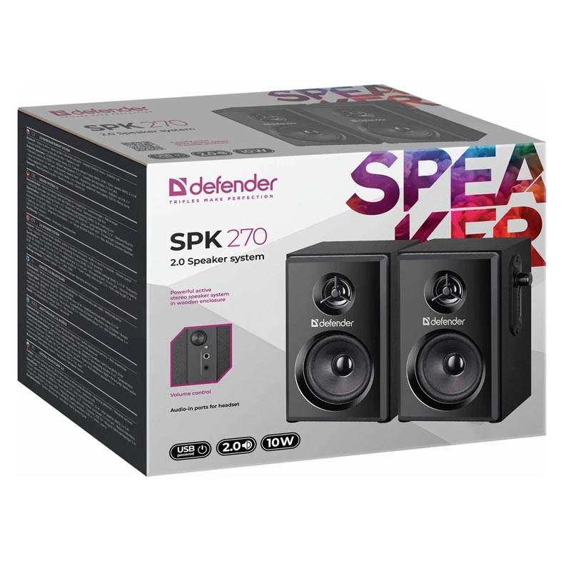 Акустическая система 2,0 DEFENDER SPK-270, 10 Вт, питание от USB, черная Акустическая система 2,0 DEFENDER SPK-270, 10 Вт, питание от USB, черная