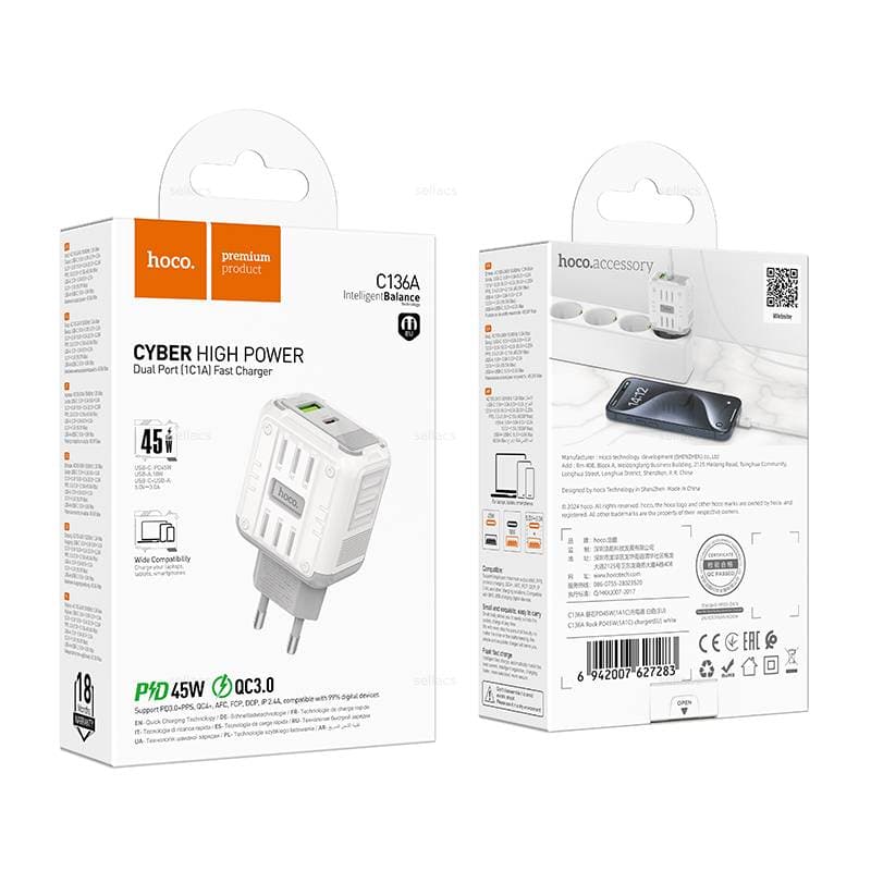 фото Сетевое зарядное устройство Адаптер Блок питания HOCO C136A Rock PD 45W+QC3.0 / Type-C USB-C+USB 3A белое