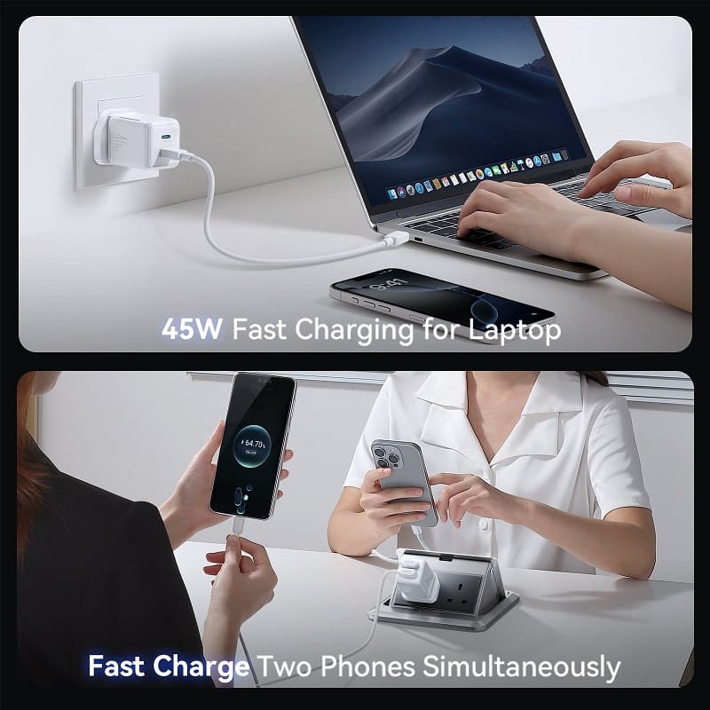 фото Сетевое зарядное устройство с кабельным органайзером + кабель Type-C to Type-C Joyroom JR-TCL05EU PD45W GaN 2 Type-C USB-C белый