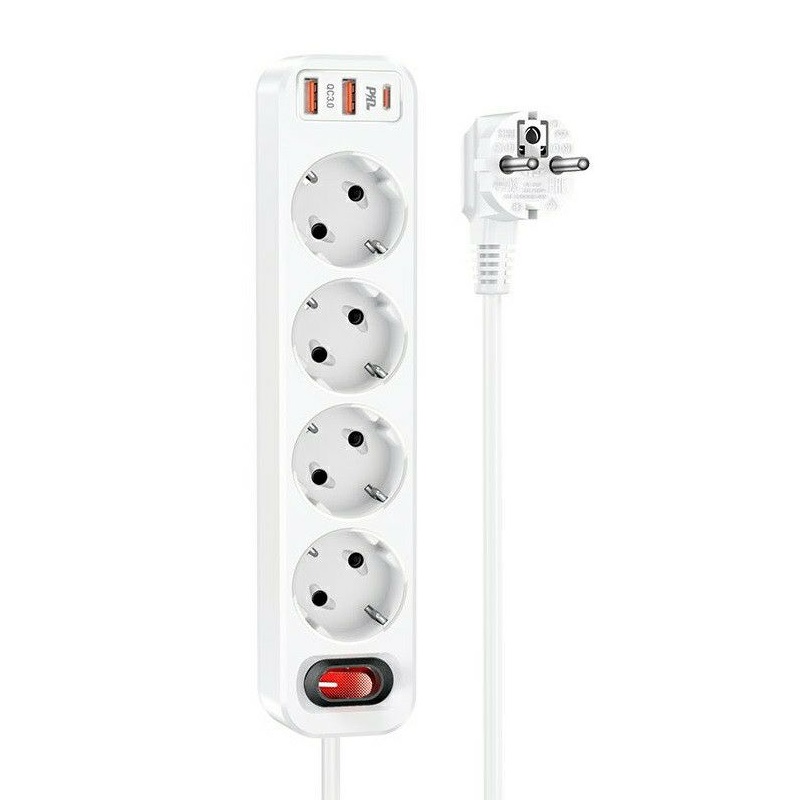 Сетевой фильтр HOCO NS1 4 гнезда + 2USB QC3.0 + PD 20W Type-C USB-C 1.8м белый