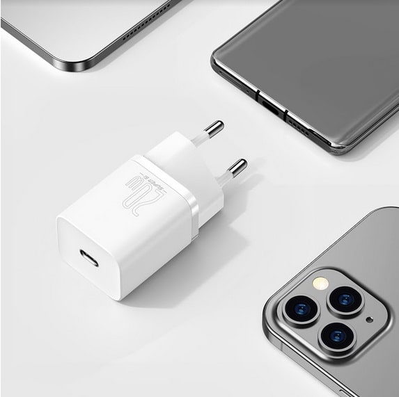 фото Сетевое зарядное устройство + кабель для iphone Lightning to Type-C Baseus Super Si Quick 1C 20W белый TZCCSUP-B02