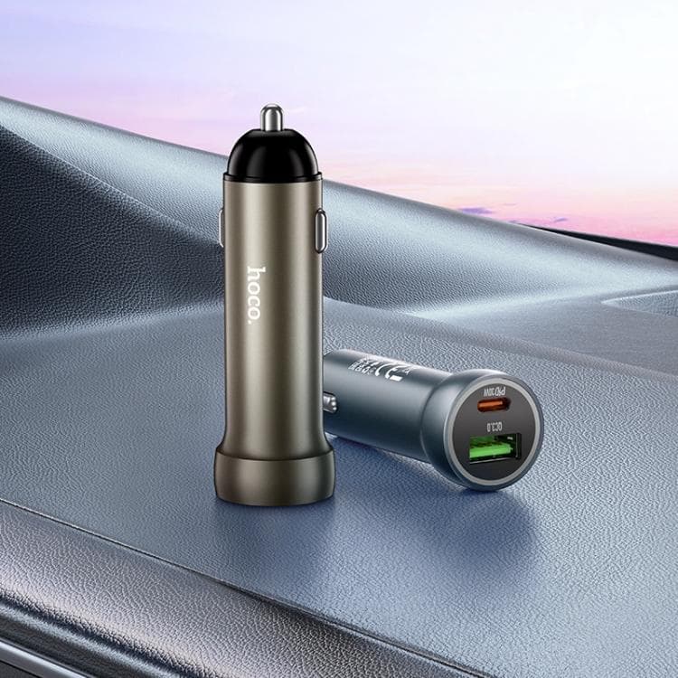 фото Автомобильное зарядное устройство + кабель Type-C to iphone lightning 8 pin HOCO Z54A 48W PD 30W+QC3.0 3A 1м серый металл