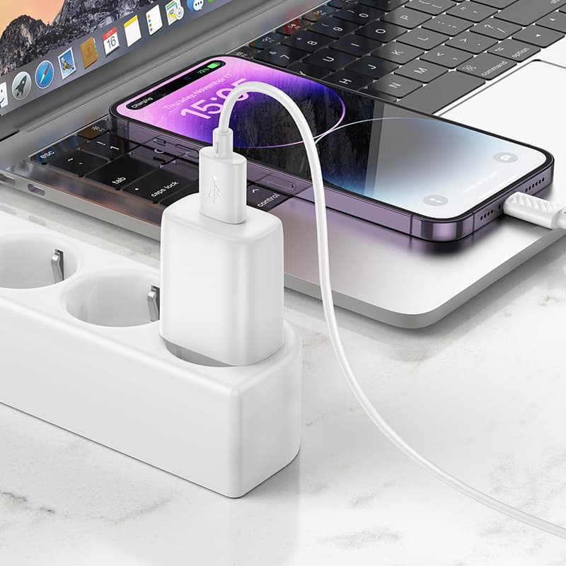 Изображение Сетевое зарядное устройство + кабель для iphone Lightning HOCO C134A 1USB 12W 2.4A 1м белый фото Сетевое зарядное устройство + кабель для iphone Lightning HOCO C134A 1USB 12W 2.4A 1м белый