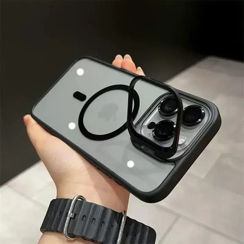 фото Чехол накладка для iphone 15 Pro Max (6.7) Bracket силикон+пластик с магнитом для magsafe+защитные линзы прозрачно-черная с подставкой держателем