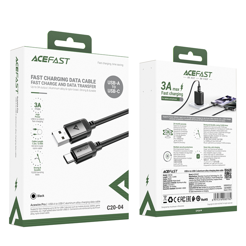 Кабель для зарядки Type-C USB Acefast C20-04 3A 1.2м в тканевой оплетке черный