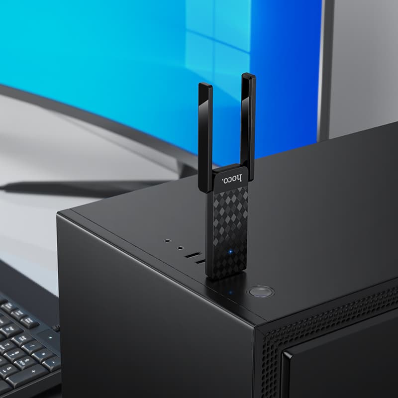 USB адаптер Wi-Fi6 HOCO HI34 с внешней двойной антеной черный (2.4G+5G 2.4ГГц до 286Мбит/с)