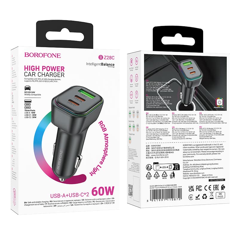 Изображение Автомобильное зарядное устройство Borofone BZ28C 60W 2PD 30W+USB 18W / 2 Type-C USB-C+USB черное фото Автомобильное зарядное устройство Borofone BZ28C 60W 2PD 30W+USB 18W / 2 Type-C USB-C+USB черное