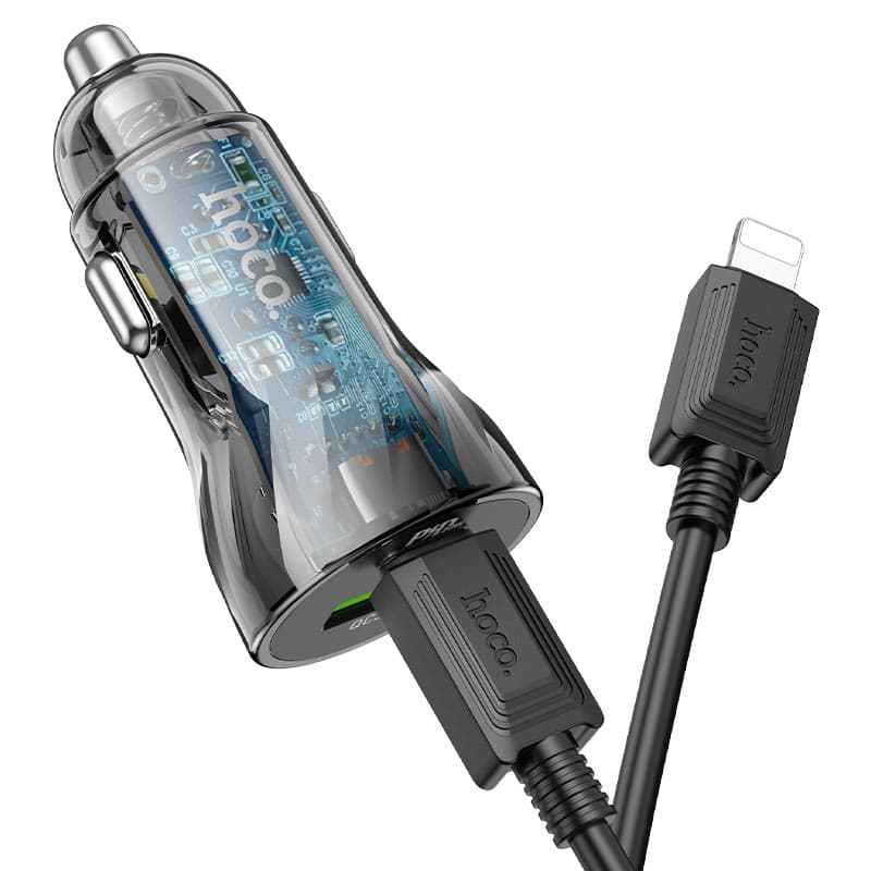 фото Автомобильное зарядное устройство + кабель Type-C to iphone lightning 8 pin HOCO Z47A PD 30W+QC3.0 1м прозрачный черный