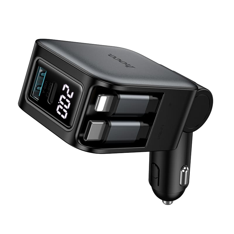 фото Автомобильное зарядное устройство HOCO Z67A 60W 4в1 PD 45W+QC3.0 + выдвижной кабель Type-C USB-C / Lightning 75см с дисплеем серый металл