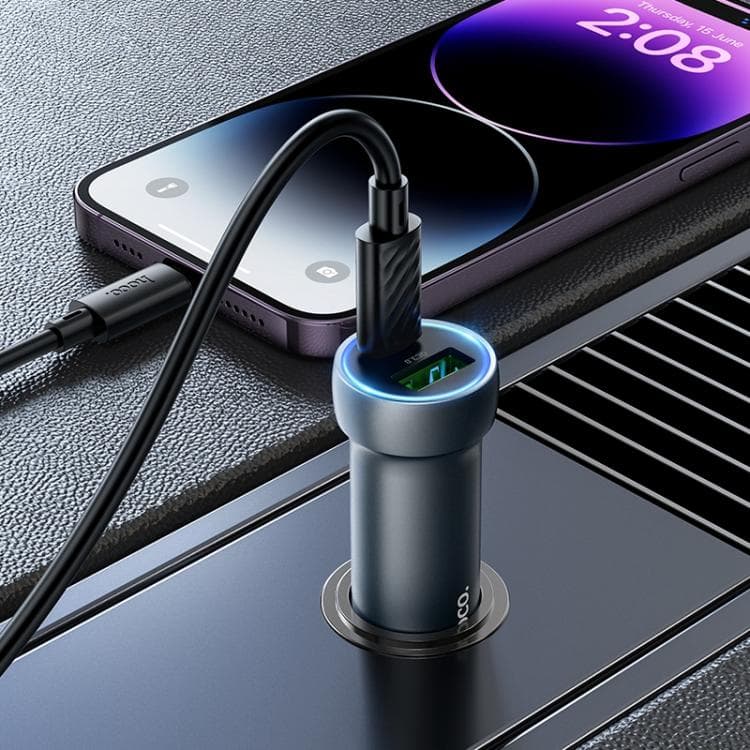 фото Автомобильное зарядное устройство + кабель Type-C to iphone lightning 8 pin HOCO Z54A 48W PD 30W+QC3.0 3A 1м серый металл