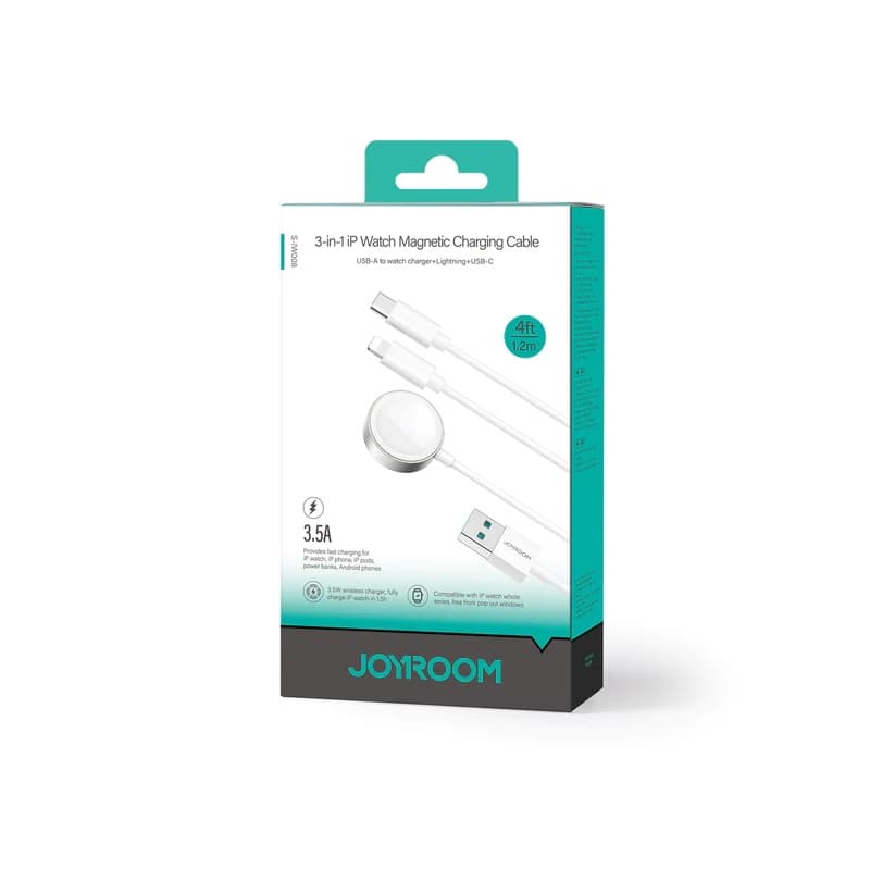 Магнитное зарядное устройство кабель для часов Apple Watch Joyroom S-IW008 3в1 Magnetic/USB-C/Lightning в USB-A 1.2м 3.5A белое
