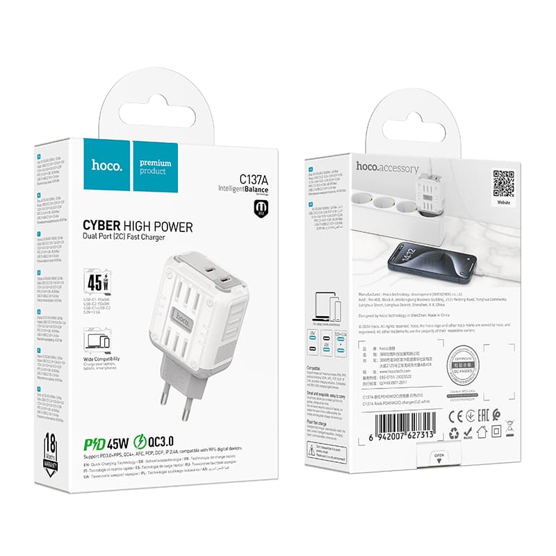 фото Сетевое зарядное устройство Адаптер Блок питания HOCO C137A Rock 2PD 45W QC3.0 / 2 Type-C USB-C 3A белое