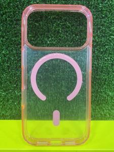 Чехол накладка для iphone 17 (6.3) Magnetic силикон+пластик с магнитом для magsafe прозрачная с розовым бампером