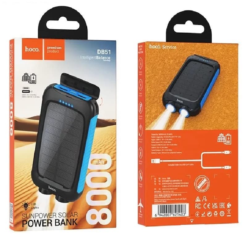 Изображение Внешний аккумулятор повербанк Power bank HOCO DB51 8000mAh с солнечной панелью и фонариком черный фото Внешний аккумулятор повербанк Power bank HOCO DB51 8000mAh с солнечной панелью и фонариком черный