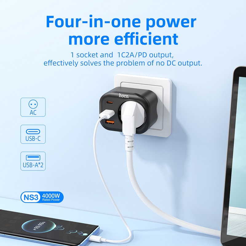 Сетевой фильтр HOCO NS3 1 гнездо + PD 20W + 2USB QC3.0 18W черный Сетевой фильтр HOCO NS3 1 гнездо + PD 20W + 2USB QC3.0 18W черный
