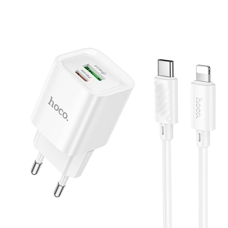 фото Сетевое зарядное устройство + кабель для iphone Lightning to Type-C HOCO C147A PD 20W+QC3.0 1м 3A белый