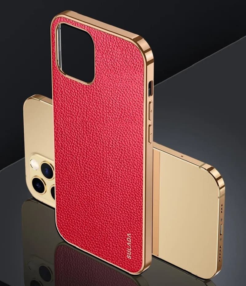 фото Чехол накладка для iphone 14 Pro Max (6.7) SULADA Luxury силикон+пластик под кожу красная золотой бампер