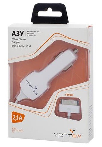 фото Автомобильное зарядное устройство Vertex Slim Line для iphone 3/4 2,1A  белый