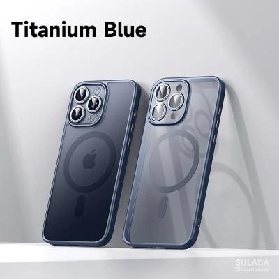 Чехол накладка для iphone 16 Pro (6.3) SULADA Shugan силикон+пластик притемненный матовый, титановый синий бампер с магнитом для magsafe