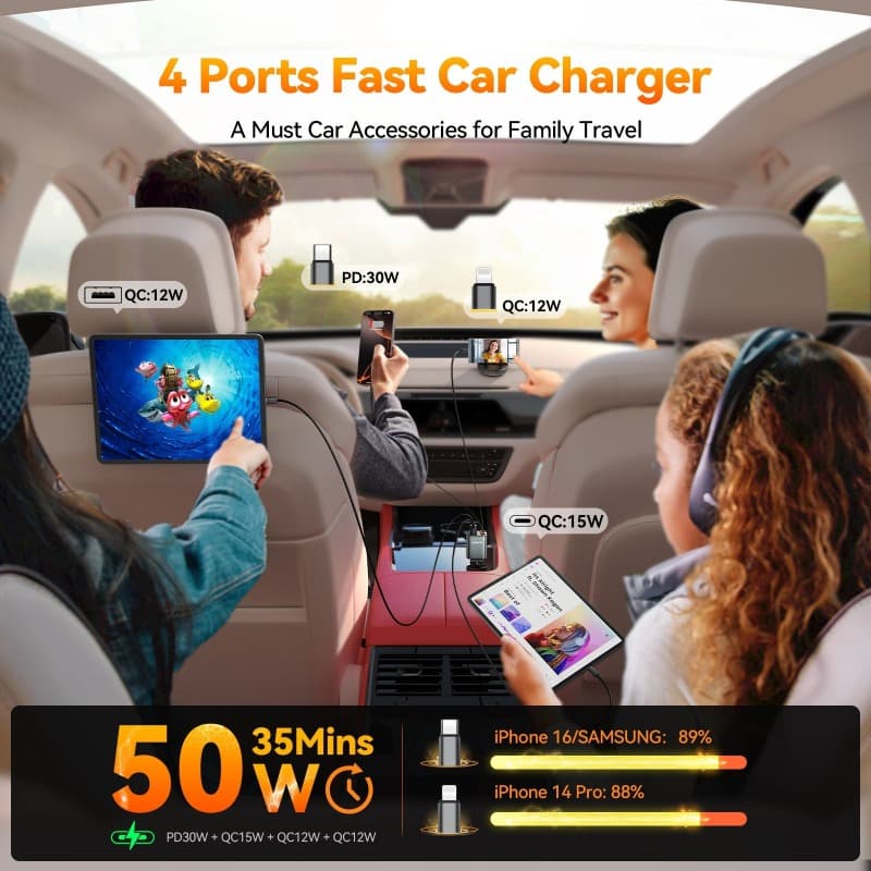 фото Автомобильное зарядное устройство Joyroom JR-CCL05 50W 4в1 PD 3.0+USB 2.4A + выдвижной кабель Type-C USB-C / Lightning темно-серое 