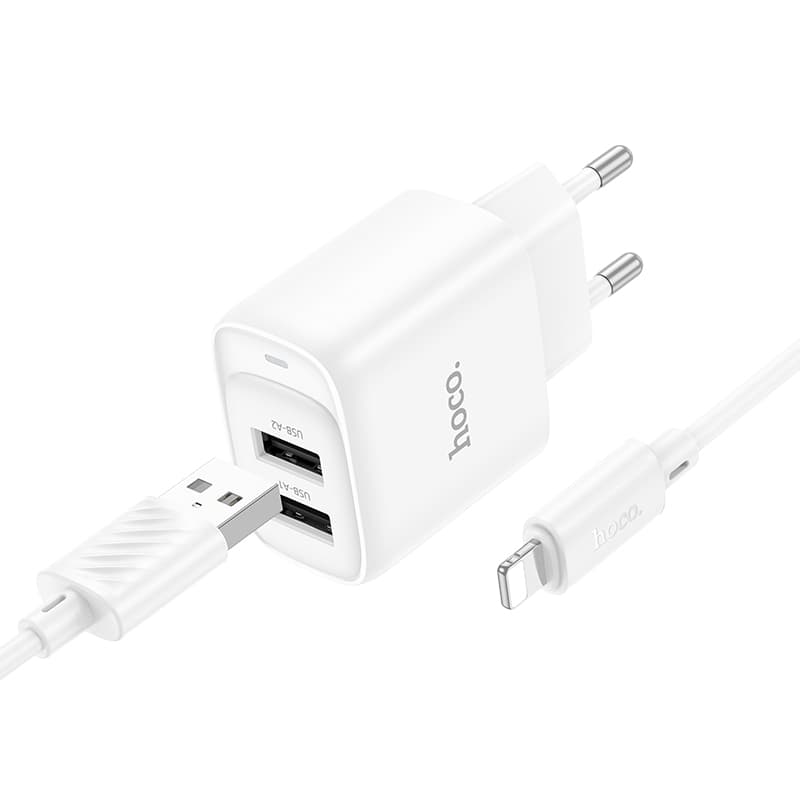 фото Сетевое зарядное устройство + кабель для iphone Lightning HOCO C141A 2USB 2.1A 1м белый
