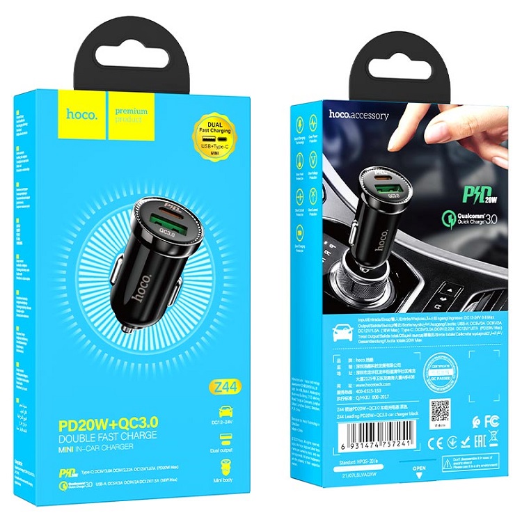 фото Автомобильное зарядное устройство HOCO Z44 PD 20W+QC3.0 / Type-C USB-C+USB черное