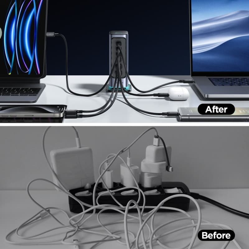 фото Сетевое зарядное устройство Адаптер Блок питания Joyroom JR-TCM02 65W GaN Multi-port PD 4Type-C USB-C+2USB настольный 1.5м темно-серый