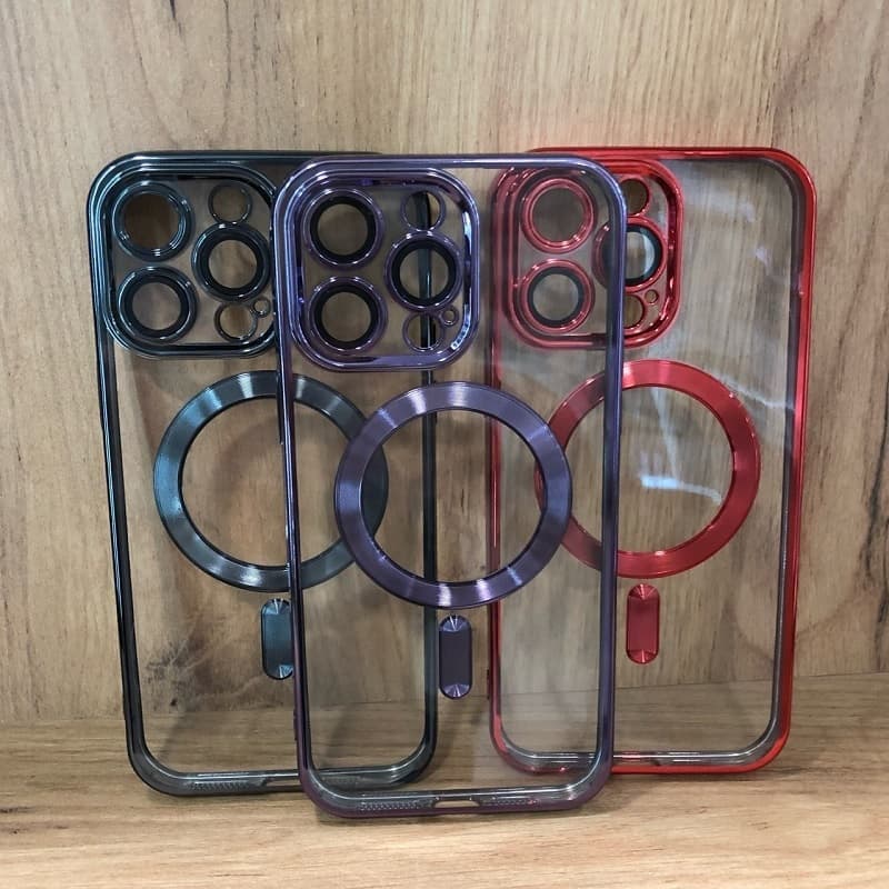 фото Чехол накладка для iphone 15 Pro Max (6.7) силикон с магнитом для magsafe и защитой камеры прозрачная с черным бампером