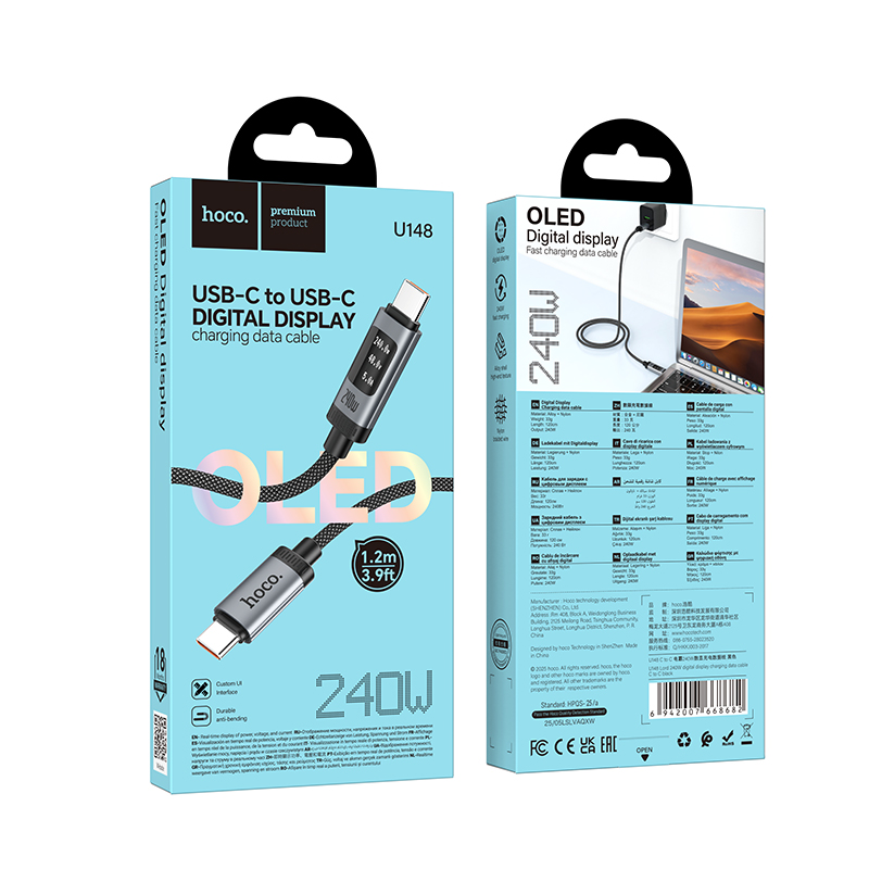 Кабель для зарядки Type-C to Type-C HOCO U148 240W 1.2м с дисплеем в оплетке черный