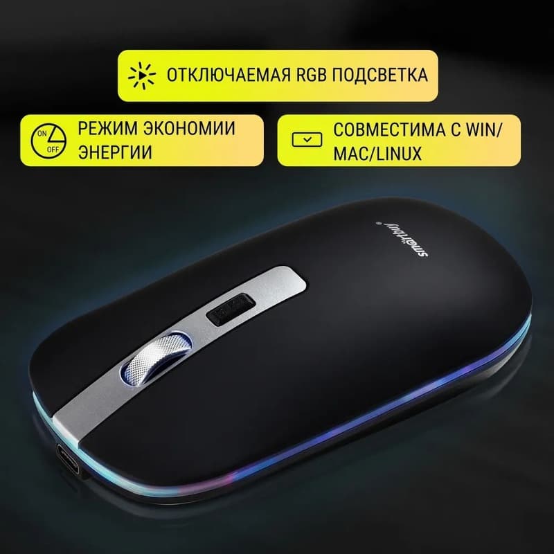 Мышь беспроводная Smartbuy 402CAG с зарядкой от USB 600mAh черная бесшумная (SBM-402CAG-K)