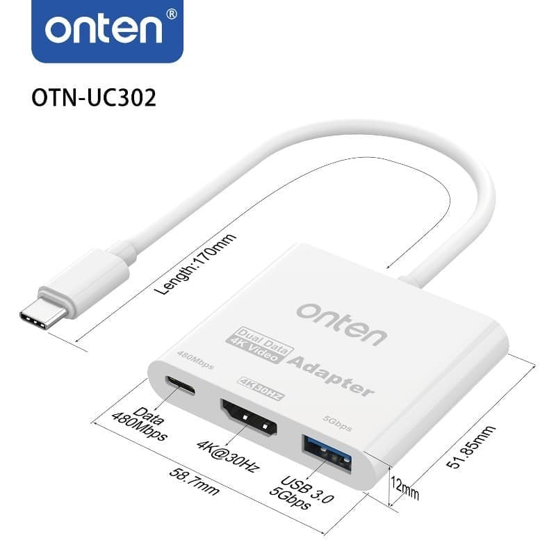 Разветвитель адаптер переходник концентратор Type-C HUB Хаб Onten OTN-UC302 3в1 белый