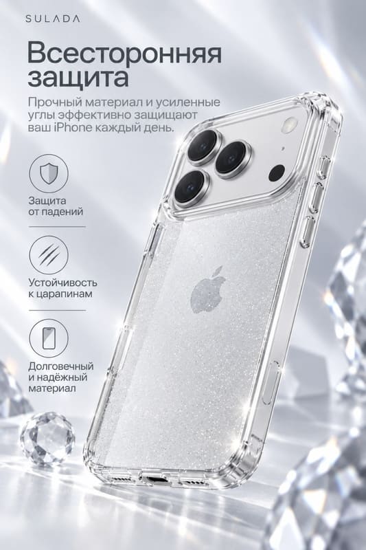 фото Чехол накладка для iphone 17 Pro/18 Pro 6.3 SULADA Crystal Shine силикон+пластик с блеском прозрачный