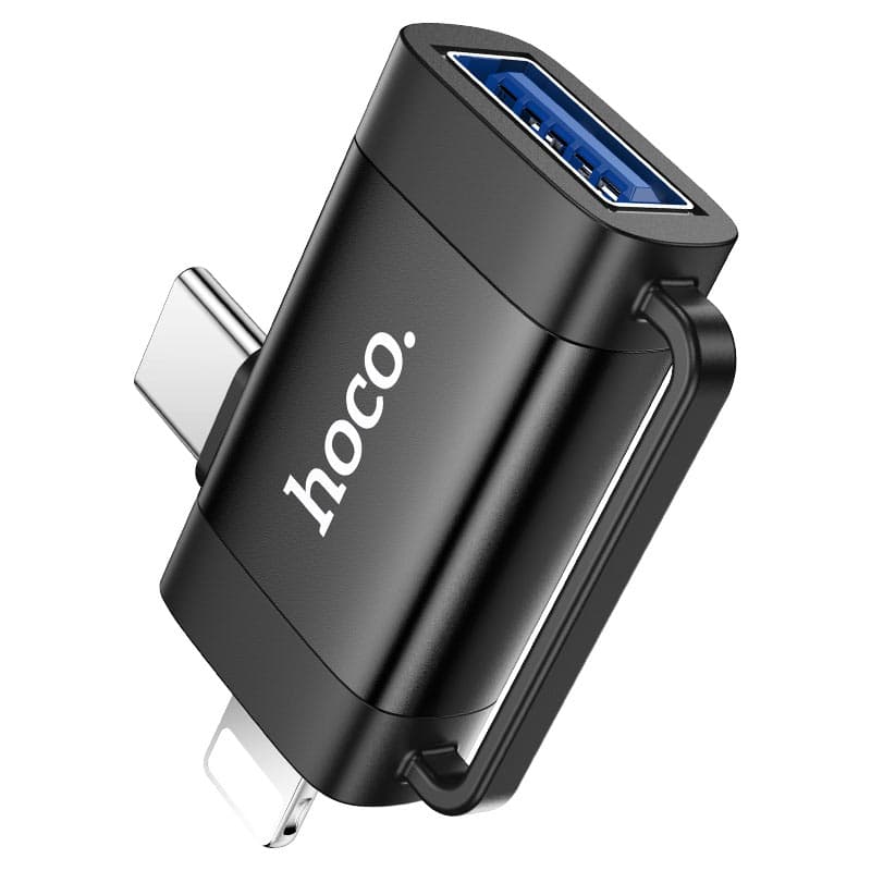 Адаптер переходник OTG 2в1 с Lightning (M)/Type-C USB (M) на USB 2.0 (F) Hoco UA31F черный