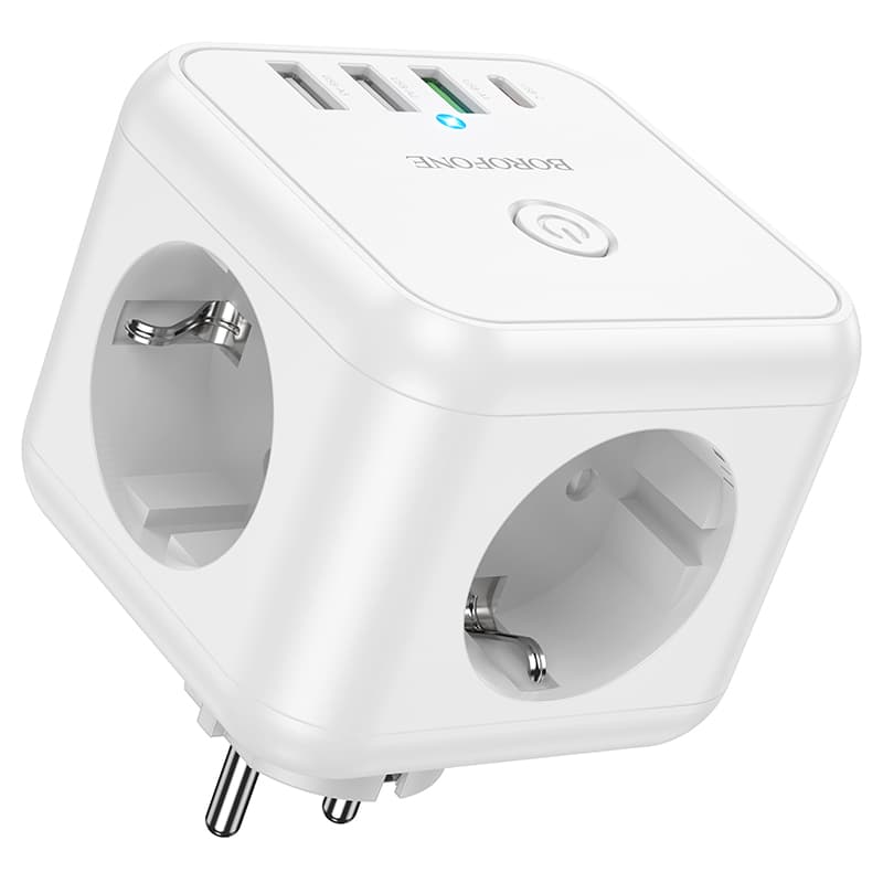 Сетевой фильтр Borofone BAC10 3 гнезда + Type-C USB-C PD 20W + 3USB QC3.0 2500W белый