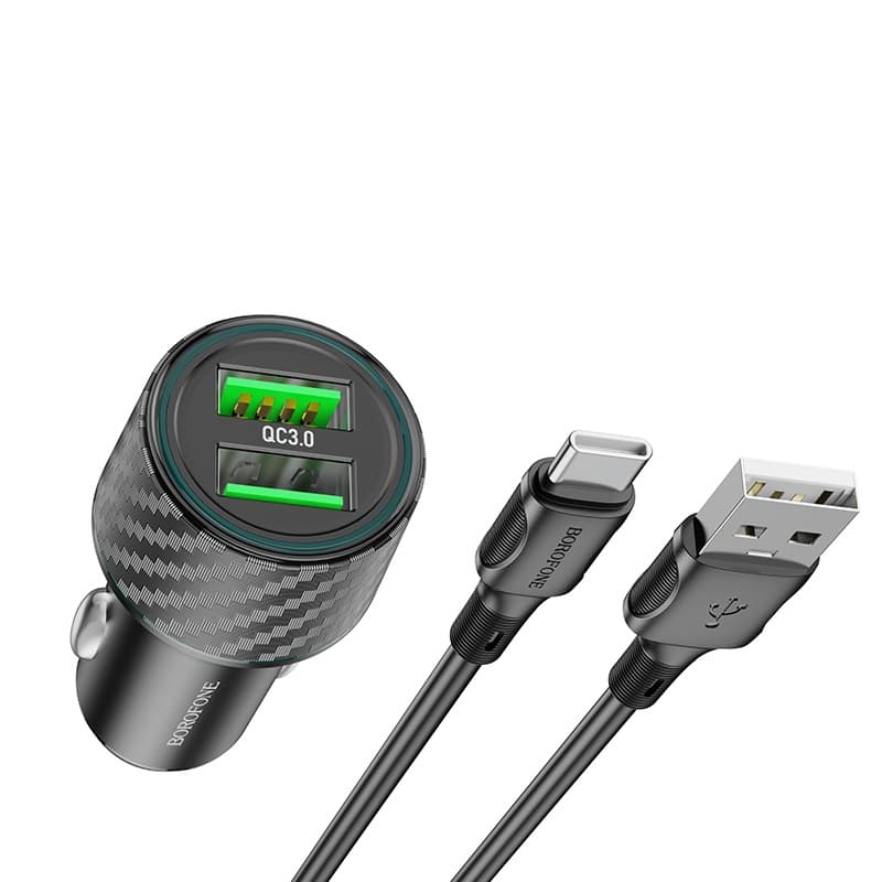 фото Автомобильное зарядное устройство + кабель Type-C USB Borofone BZ21A 36W 2USB QC3.0 1м черный