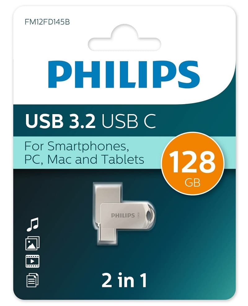 Изображение Флеш-накопитель Philips 2в1 USB 3.2 Type-C 100MB/s металл серый 128Gb