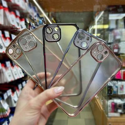 Чехол накладка для iphone 11 Pro (5.8) силикон+пластик с защитой камеры прозрачная матовая с черным бампером и имитацией страз вокруг камеры