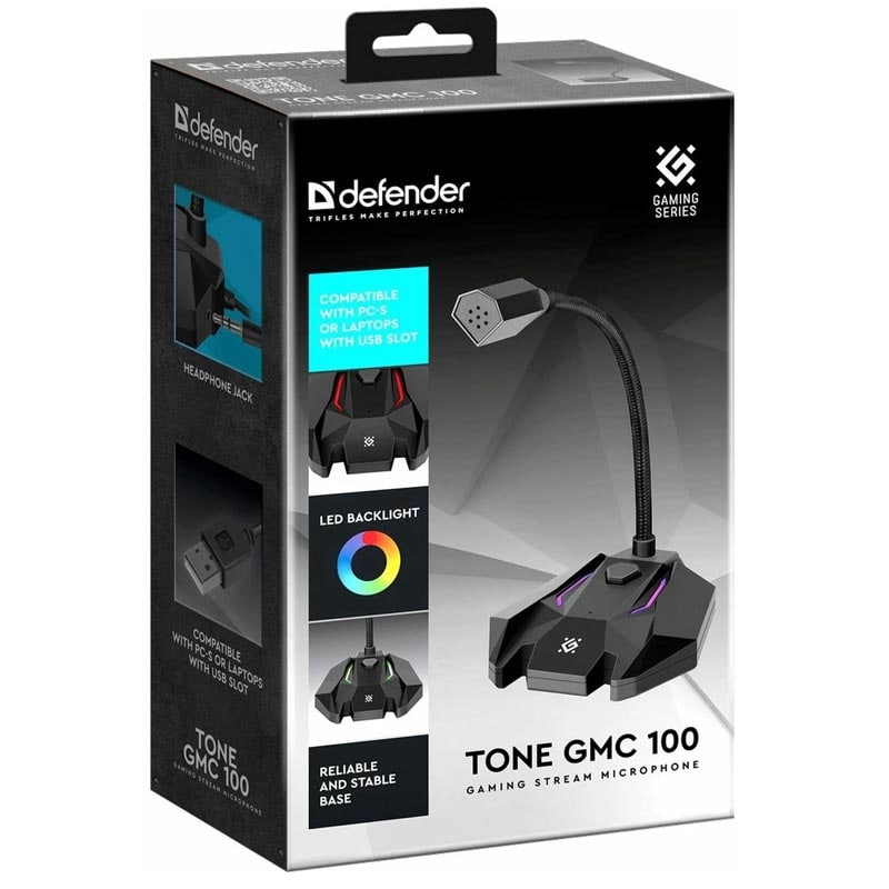 Игровой стрим микрофон DEFENDER Tone GMC 100 3.5мм, LED, 1,5 м 