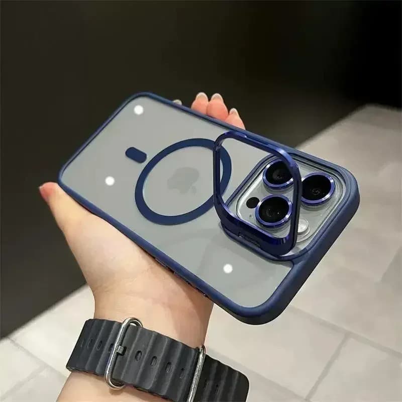 фото Чехол накладка для iphone 15 Pro Max (6.7) Bracket силикон+пластик с магнитом для magsafe+защитные линзы прозрачно-синяя с подставкой держателем
