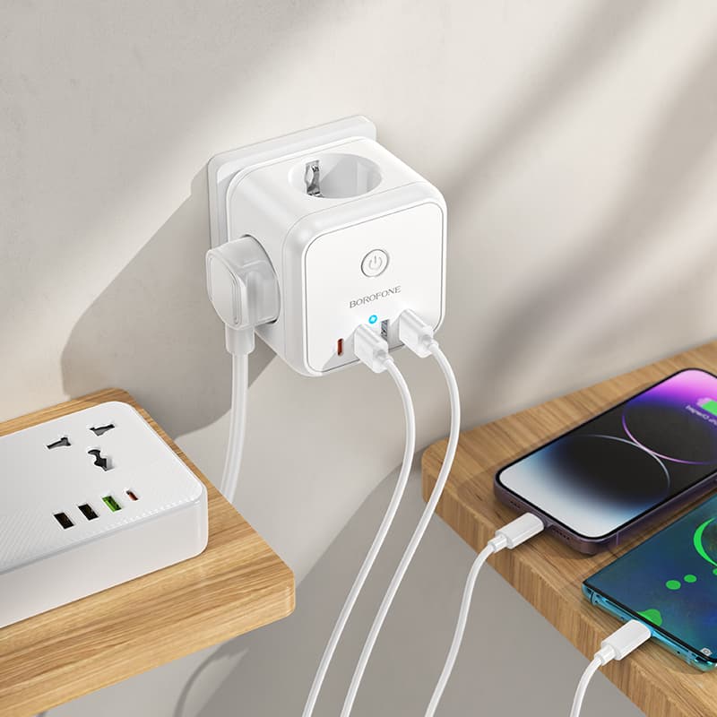 Сетевой фильтр Borofone BAC10 3 гнезда + Type-C USB-C PD 20W + 3USB QC3.0 2500W белый