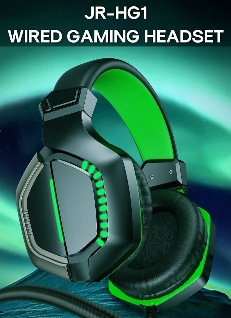 Изображение Наушники проводные накладные игровые Joyroom JR-HG1 Gaming черные с зеленым фото Наушники проводные накладные игровые Joyroom JR-HG1 Gaming черные с зеленым