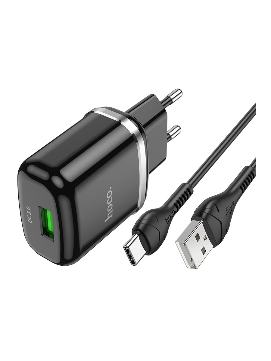 фото Сетевое зарядное устройство + кабель Type-C HOCO N3 1USB QC3.0 18W черный